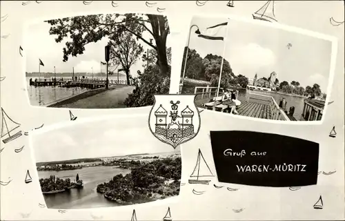 Ak Waren an der Müritz, Ufer, Panorama, Wappen