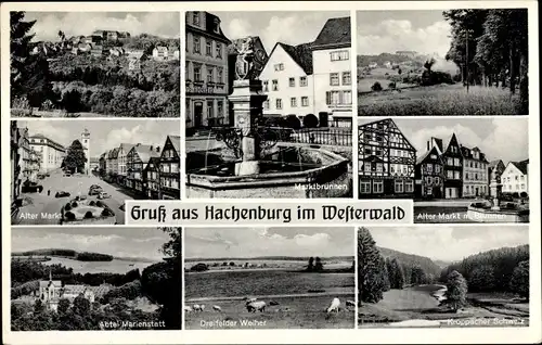 Ak Hachenburg im Westerwald, Alter Markt, Abtei Marienstatt, Marktbrunnen, Dreifelder Weiher