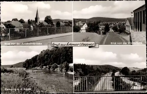 Ak Lohmar im Siegkreis, Autobahnbrücke, Waldschule, Camping an Agger