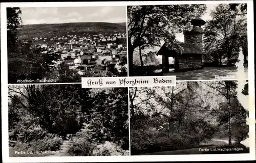 Ak Pforzheim im Schwarzwald Baden, Teilansicht, Hachelturm, Partie in den Hachelanlagen