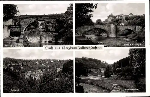 Ak Dillweißenstein Pforzheim im Schwarzwald, Wasserfall, Nagold, Schwimmbad