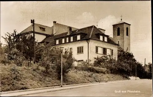 Ak Pforzheim im Schwarzwald, St. Antoniuskirche mit Pfarrhaus