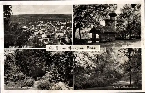 Ak Pforzheim im Schwarzwald Baden, Teilansicht, Hachelturm, Partie in den Hachelanlagen