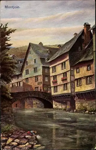 Künstler Ak Braun, Monschau Montjoie in der Eifel, Flusspartie mit Brücke, alte Häuser