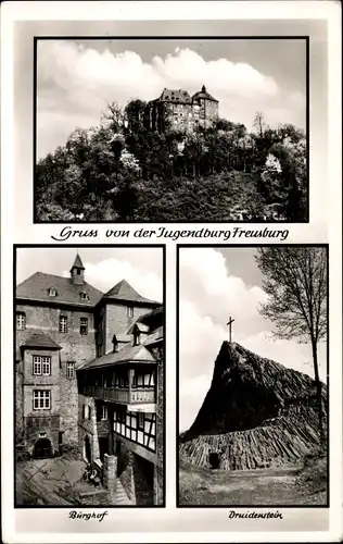 Ak Freusburg Kirchen an der Sieg, Jugendburg, Burghof, Druidenstein