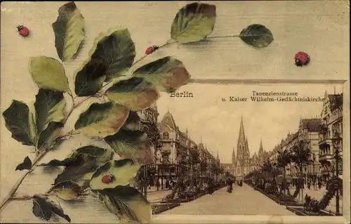 Passepartout Ak Berlin Charlottenburg Tauentzienstraße, Kaiser Wilhelm Gedächtniskirche, Marienkäfer