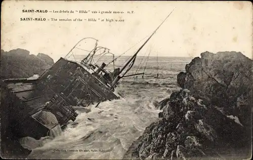 Ak Saint Malo Ille et Vilaine Bretagne, Les debris de Hilda vus a grande maree