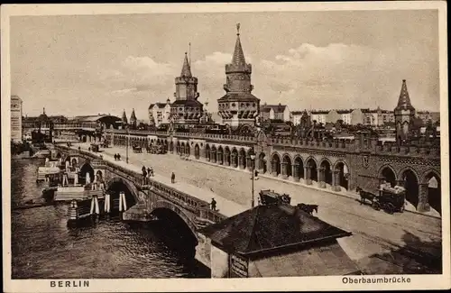 Ak Berlin Kreuzberg, Friedrichshain, Oberbaumbrücke, Hochbahn