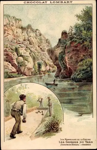 Litho Les Gorges du Tarn, Joueurs de Boules, Männer beim Spielen, Chocolat Lombart