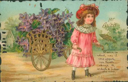 Präge Glitzer Ak Glückwunsch 1. April, Mädchen, Schubkarre, Veilchen