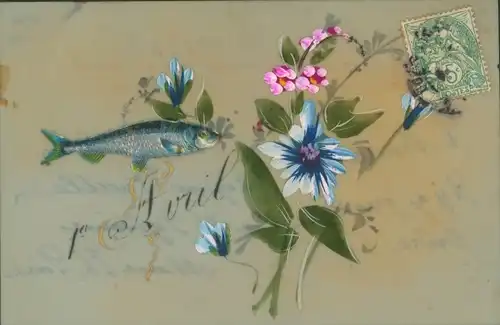 Zelluloid Ak Glückwunsch 1. April, Fisch, Blumen