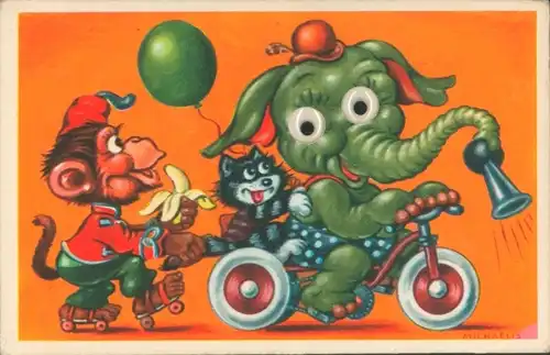 Wackelaugen Künstler Ak Michaelis, Elefant, Banane, Affe, Fahrrad