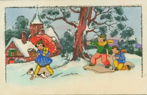 Glitzer Ak Schneeballschlacht, Mädchen mit Hund, Kirche, Winterszene