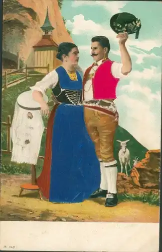 Präge Stoff Ak Liebespaar in schweizerischen Trachten, Ziege, Bauern
