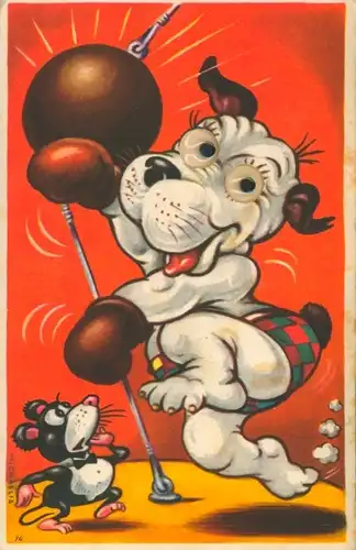 Wackelaugen Künstler Ak Michaelis, Hund als Boxkämpfer, Maus