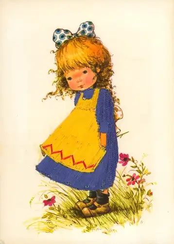 Stoff Ak Mädchen auf einer Wiese, Blaues Kleid
