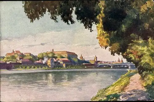 Künstler Ak Roudnice nad Labem Raudnitz an der Elbe Reg. Aussig, Blick zur Stadt vom Ufer aus