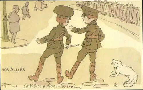 Künstler Ak Paris XVIII., Nos Allies, la visite a Montmartre, britische Soldaten, I WK