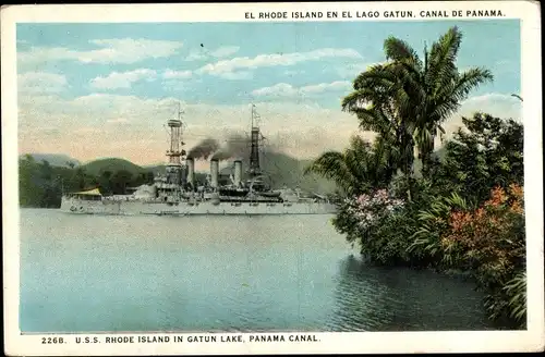 Ak Panama, USS Rhode Island in Gatun Lake, Amerikanisches Kriegsschiff
