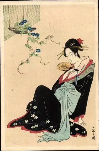Ak Frau in japanischen Trachten, Fächer, Blumen