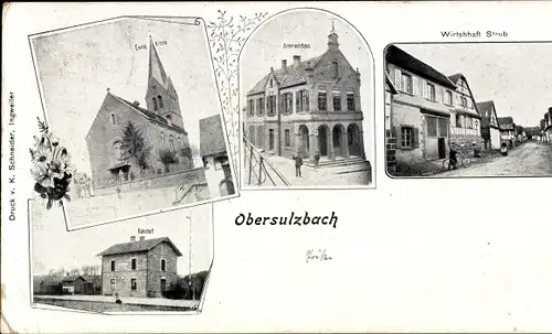 Ak Obersulzbach Elsass Bas Rhin, Evangelische Kirche, Bahnhof, Wirtschaft Strub