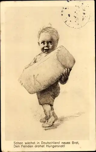 Künstler Ak Schon wächst in deutschland neues Brot, glückliches Kind mit Brot