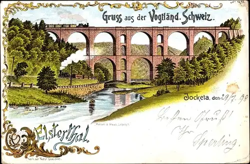 Litho Jocketa Pöhl Vogtland, Elstertal, Viadukt, Flusspartie