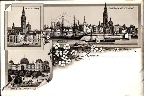 Litho Anvers Antwerpen Flandern, La Cathedrale, Palais de Justice, Panorama de la Ville