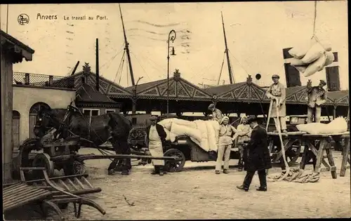 Ak Anvers Antwerpen Flandern, Le travail au Port, Fuhrwerk, Hafenarbeiter