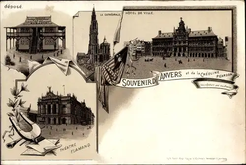 Litho Anvers Antwerpen Flandern, Hotel de Ville, Theatre Flamand, La Cathedrale