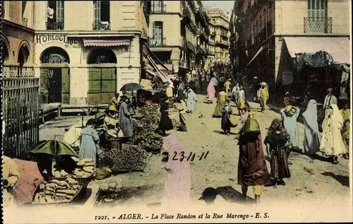Ak Algier Alger Algerien, La Place Randon et la Rue Marengo
