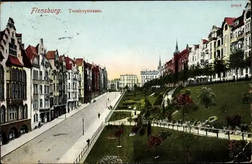 Ak Flensburg in Schleswig Holstein, Toosbuystraße, Häuserfassaden, Parkanlage