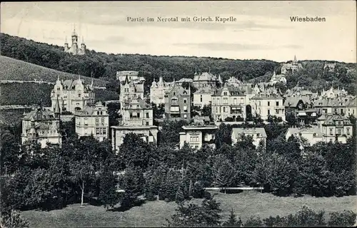 Ak Wiesbaden in Hessen, Partie im Nerotal mit Griech. Kapelle, Panorama