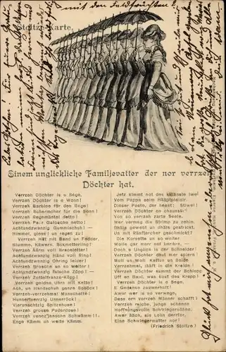 Ak Einem unglücklichen Familienvater der nor verrzeh Döchter hat, Gedicht, Frauen, Regenschirme