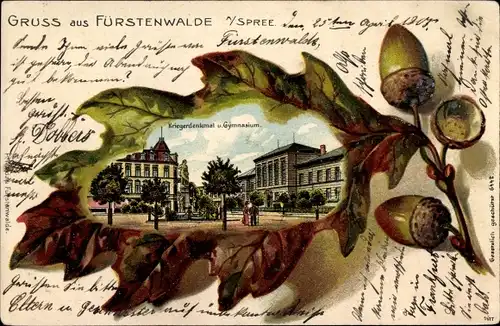 Präge Eichenblatt Litho Fürstenwalde an der Spree, Kriegerdenkmal u. Gymnasium