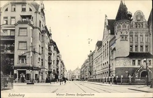 Ak Berlin Schöneberg, Werner Siemens Realgymnasium, Straßenpartie, Geschäfte