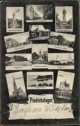 Ak Berlin Köpenick Friedrichshagen, Bahnhof, Wasserturm, Rathaus, Müggelschlösschen, Müggelturm