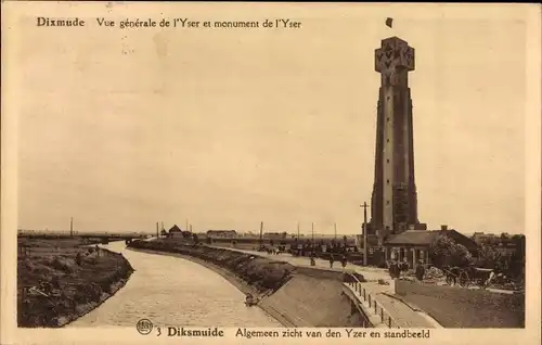 Ak Diksmuide Dixmude Westflandern, Vue générale de l'Yser et monument de l'Yser