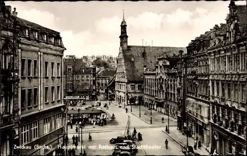 Ak Zwickau in Sachsen, Hauptmarkt mit Rathaus und Stadttheater