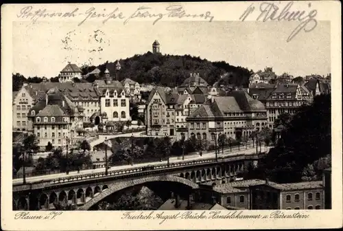 Ak Plauen im Vogtland, Friedrich Augustbrücke, Handelskammer und Bärenstein