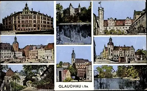 Ak Glauchau in Sachsen, Pestalozzischule, Markt, Tunnel, Schloss Hinterglauchau, Postamt
