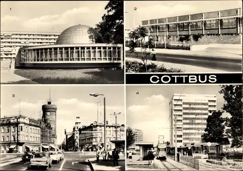 Ak Cottbus in der Niederlausitz, Planetarium, Bildungszentrum, Ernst-Thälmann-Platz, Straßenbahn