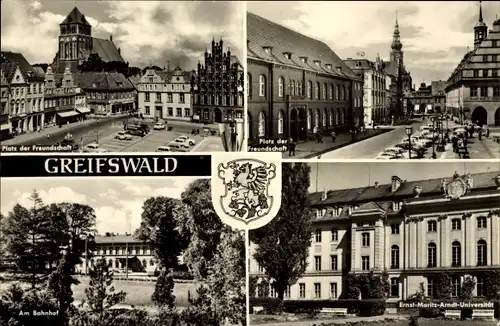 Ak Hansestadt Greifswald, Platz der Freundschaft, Am Bahnhof, Ernst-Moritz-Arndt-Universität, Wappen