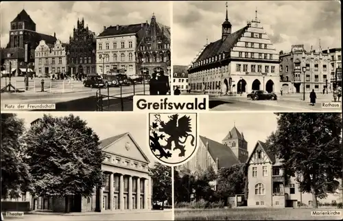 Ak Hansestadt Greifswald, Platz der Freundschaft, Rathaus, Theater, Marienkirche, Wappen