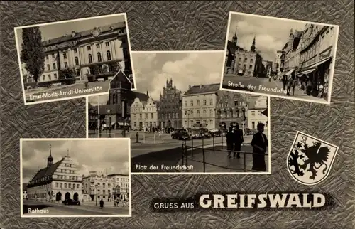 Passepartout Ak Greifswald in Vorpommern, E. M. Arndt Universität, Straße der Freundschaft, Rathaus