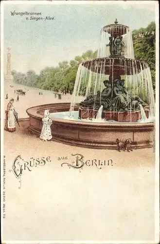 Litho Berlin Tiergarten, Wrangelbrunnen, Siegesallee und Siegessäule
