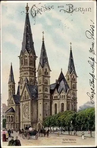 Litho Berlin Charlottenburg, Kaiser Wilhelm Gedächtniskirche, Kutschen