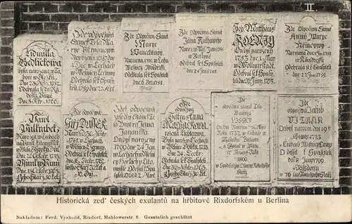 Ak Berlin Neukölln Rixdorf, Historicka zed ceskych exulantu na hrbitove, tschech. Grabinschriften