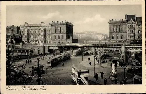 Ak Berlin Kreuzberg, Hallesches Tor, Hochbahn, Straßenbahnen, Pelzwaren, Bus