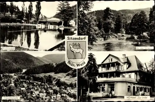 Ak Sitzendorf Thüringen, An der Schwarza, Badeanstalt, HO Hotel Zur Linde